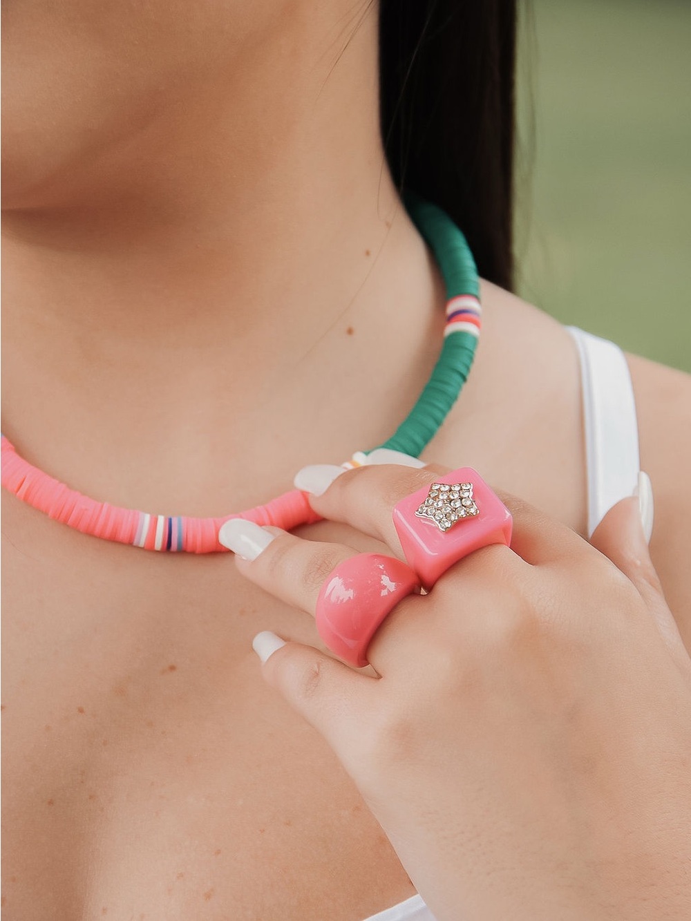 Colorful Summer Jewelry Set | Statement Necklace + 2 Pink Rings